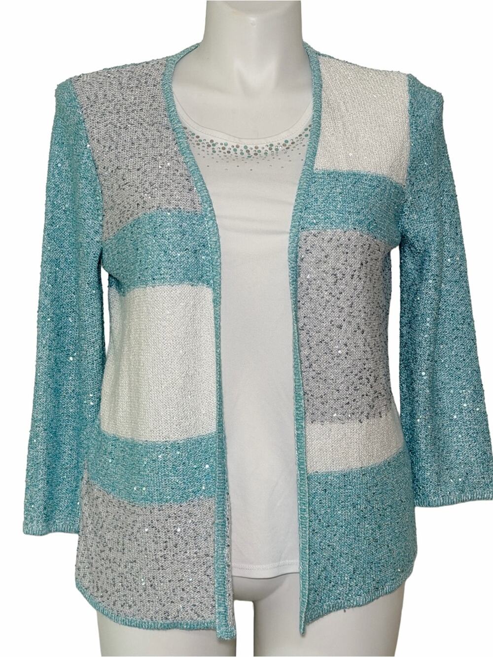 Vintage Alfred Dunner turquoise sequin Patchwork glitter long cardigan medium 90